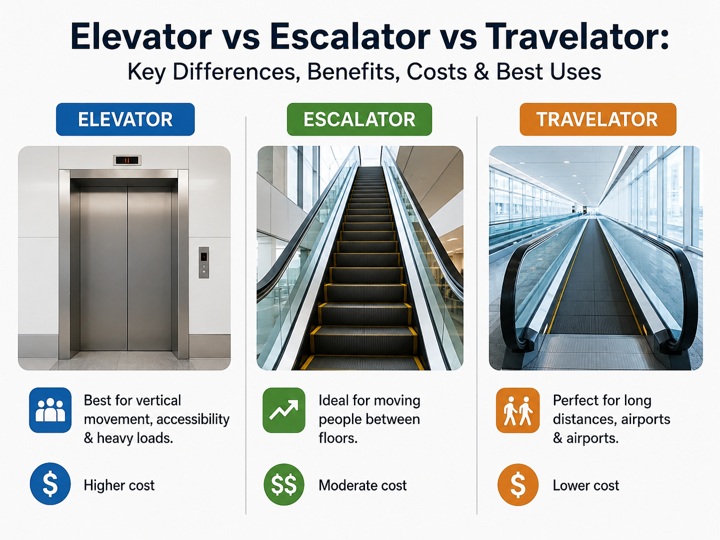 Elevator vs Escalator vs Travelator